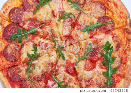 Pepperoni Pizza top view close-up macro shot 92543338