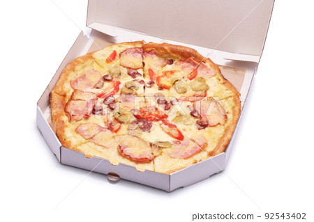 Pizza in a cardboard box isolated on white background Pizza in a cardboard box isolated on white background 92543402