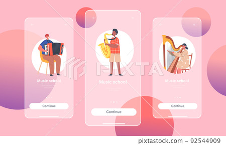 Music School Mobile App Page Onboard Screen Template. Little Boys And Girls Artists Perform Classical Or Popular Concert 92544909