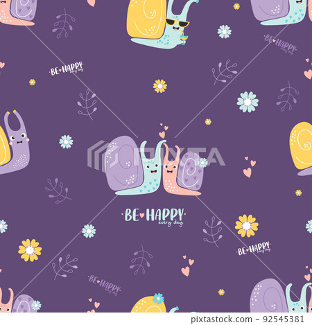 Seamless pattern with snails. In love pair of snails, clam in glasses and with cocktail on purple background with flowers and words - Be happy every day. Vector illustration Seamless pattern with snails. In love pair of snails, clam in glasses and with cocktail on purple background with flowers and words - Be happy every day. Vector illustration 92545381