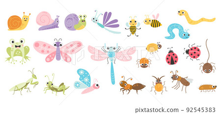Big collection of cute insects. Funny decorative characters of snail, beetle, dragonfly and butterfly, bee and ant, spider and grasshopper. Vector illustration. isolated elements Big collection of cute insects. Funny decorative characters of snail, beetle, dragonfly and butterfly, bee and ant, spider and grasshopper. Vector illustration. isolated elements 92545383