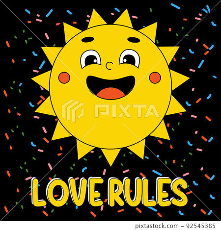 Groovy element funky sun. Funny cartoon character. Love rules quote. Vector illustration trendy retro cartoon style. Comic element for sticker, square poster, graphic tee print, card. 92545385