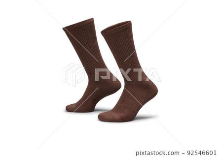 Pair of brown cotton socks isolated on white. Set of short socks for sports as mock up and label for advertising, logo, branding. Pair of brown cotton socks isolated on white. Set of short socks for sports as mock up and label for advertising, logo, branding. 92546601