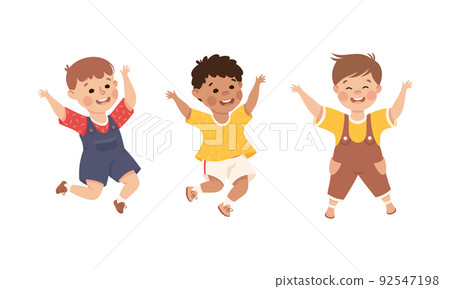Happy kids having fun. Joyful boys playing together, happily jumping cartoon vector illustration Happy kids having fun. Joyful boys playing together, happily jumping cartoon vector illustration 92547198