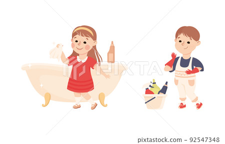 Cute kids doing housework chores set. Little girl cleaning bathtub, boy in gloves using detergents cartoon vector illustration 92547348
