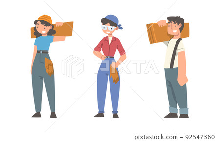 Construction workers set. Builder or handyman characters in overalls holding wooden planks cartoon vector illustration Construction workers set. Builder or handyman characters in overalls holding wooden planks cartoon vector illustration 92547360