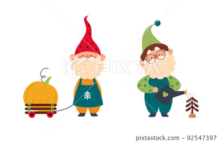 Set of garden gnomes. Dwarfs pulling wheelbarrow with pumpkin and watering tree seedling, cute fairy tale characters cartoon vector illustration Set of garden gnomes. Dwarfs pulling wheelbarrow with pumpkin and watering tree seedling, cute fairy tale characters cartoon vector illustration 92547397