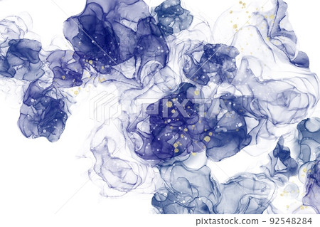 Alcohol ink art abstract template) Petal-like blue fluid dynamic marble gold on a white background 92548284