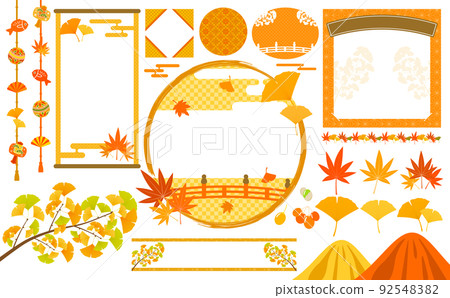 Autumn leaves frame and illustration set of ginkgo and maple_yellow Autumn leaves frame and illustration set of ginkgo and maple_yellow 92548382