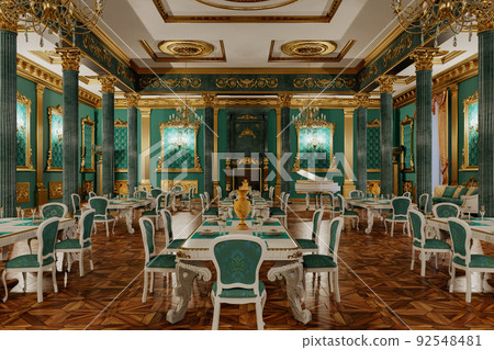 The ballroom and restaurant in classic style. 3D render. The ballroom and restaurant in classic style. 3D render. 92548481
