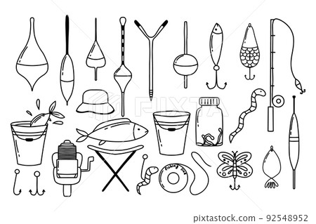 Fishing set. A set of tools for fishing. Doodle style.Fishing rod, hook, floats. Fishing set. A set of tools for fishing. Doodle style.Fishing rod, hook, floats. 92548952