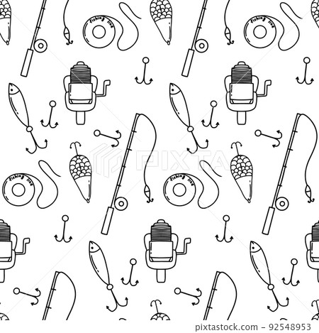 Pattern with fishing rod, hook and float. Doodle style. Fishing seamless pattern. Pattern with fishing rod, hook and float. Doodle style. Fishing seamless pattern. 92548953