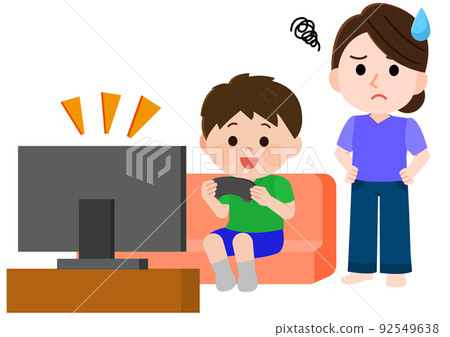 Illustration of a mother with a troubled face for a boy who plays too many video games Illustration of a mother with a troubled face for a boy who plays too many video games 92549638