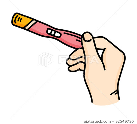 Hand holding a positive pregnancy test with two stripes Hand holding a positive pregnancy test with two stripes 92549750