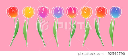 Set of Colorful Stylized Tulips with Line Art 92549790