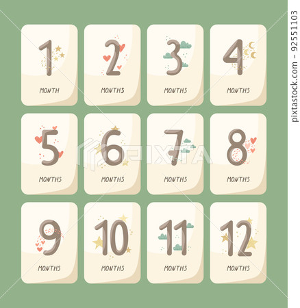 Vector set of illustrations of newborn cards. From 1 to 12 months. 92551103