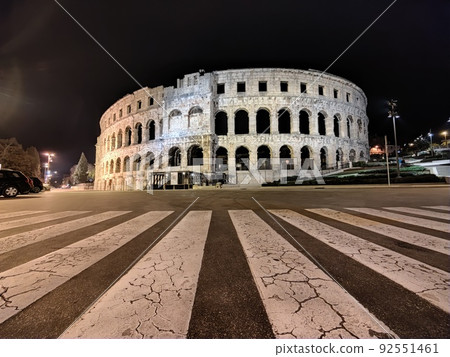Croatia. Pula. Ruins of the best preserved Roman amphitheatre built in the first century AD during the reign of the Emperor Vespasian shot at night Croatia. Pula. Ruins of the best preserved Roman amphitheatre built in the first century AD during the reign of the Emperor Vespasian shot at night 92551461