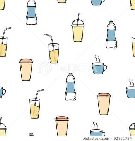Seamless pattern of hot and cold drinks. Vector illustration background of water, coffee, juice, smoothies Seamless pattern of hot and cold drinks. Vector illustration background of water, coffee, juice, smoothies 92551734