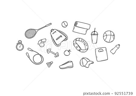Sports doodle icon set concept. Design elements of a sports invert, a healthy lifestyle Vector illustration Sports doodle icon set concept. Design elements of a sports invert, a healthy lifestyle Vector illustration 92551739