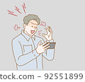 Angry aggressive man nervously screaming looking with hatred at mobile phone screen. Hand drawn in thin line style, vector illustrations. 92551899