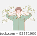 Young man covering his ears with fingers to protect them from an uncomfortable, annoying noise. Hand drawn in thin line style, vector illustrations. 92551900