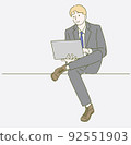 Business man is sitting on chairs and used laptop. Hand drawn in thin line style, vector illustrations. 92551903