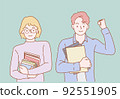 Young student with books in hands ready to take final exams. Hand drawn in thin line style, vector illustrations. 92551905