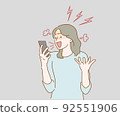 Angry aggressive woman nervously screaming looking with hatred at mobile phone screen. Hand drawn in thin line style, vector illustrations. 92551906