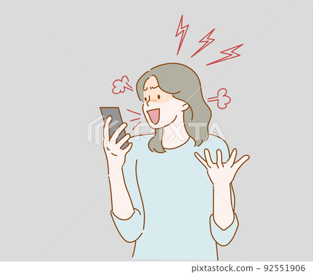 Angry aggressive woman nervously screaming looking with hatred at mobile phone screen. Hand drawn in thin line style, vector illustrations. Angry aggressive woman nervously screaming looking with hatred at mobile phone screen. Hand drawn in thin line style, vector illustrations. 92551906