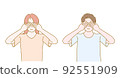 Young boy and girl are covering eyes with two hands. Hand drawn in thin line style, vector illustrations. 92551909