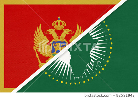 African Union and Montenegro, national flag from textile. Africa continent vs Montenegrin symbol 92551942
