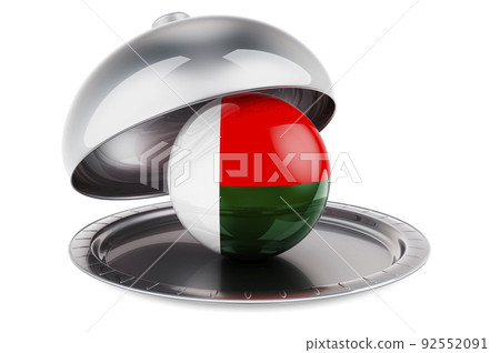 Restaurant cloche with Madagascar flag. 3D rendering Restaurant cloche with Madagascar flag. 3D rendering 92552091