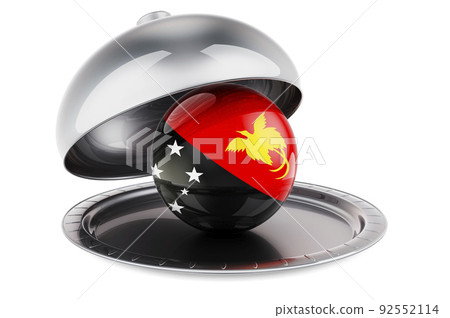 Restaurant cloche with Papuan New Guinean flag. 3D rendering 92552114