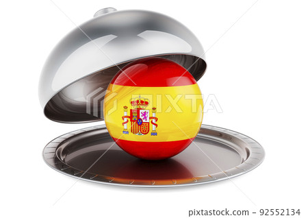 Restaurant cloche with Spanish flag. 3D rendering Restaurant cloche with Spanish flag. 3D rendering 92552134