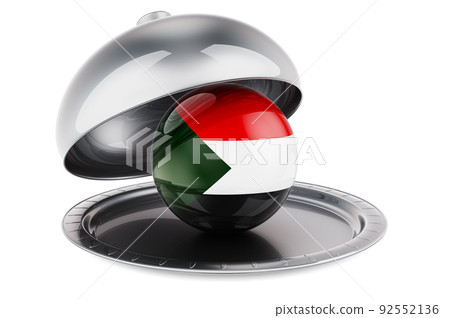 Restaurant cloche with Sudanese flag. 3D rendering Restaurant cloche with Sudanese flag. 3D rendering 92552136