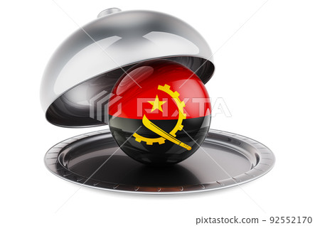 Restaurant cloche with Angolan flag. 3D rendering 92552170