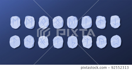 Vector stone runes set. Writing ancient Germans and Scandinavians. Mystical, esoteric, occult, magic symbols. Fortune telling, predicting the future. Isolated. Cartoon illustration Vector stone runes set. Writing ancient Germans and Scandinavians. Mystical, esoteric, occult, magic symbols. Fortune telling, predicting the future. Isolated. Cartoon illustration 92552313