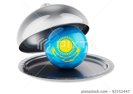 Restaurant cloche with Kazakh flag. 3D rendering 92552447