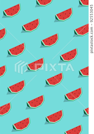 Seamless pattern of watermelon slices with seeds on the blue background. Seamless pattern of watermelon slices with seeds on the blue background. 92553045