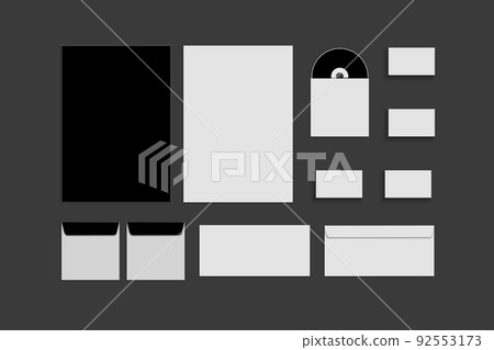 Black white and gray color mock-up of stationery, a template for brand identification on a grey background. Envelopes, sheets of paper 92553173