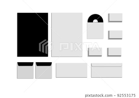 Black white and gray color mock-up of stationery, a template for brand identification on a white background. Envelopes, sheets of paper 92553175