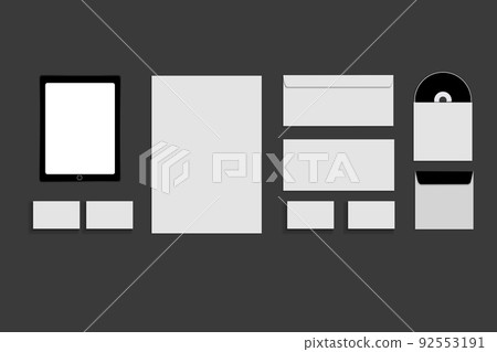 Black white and gray color mock-up of stationery, a template for brand identification on a grey background. Envelopes, sheets of paper Black white and gray color mock-up of stationery, a template for brand identification on a grey background. Envelopes, sheets of paper 92553191