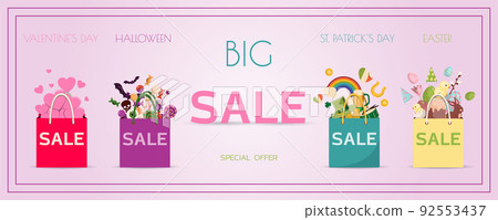 Advertising poster for sales, packages with goods forfor holidays valentine s day, St. Patrick s day, Halloween, Easter. Banner for discounts and sales. A poster with an inscription and a special Advertising poster for sales, packages with goods forfor holidays valentine s day, St. Patrick s day, Halloween, Easter. Banner for discounts and sales. A poster with an inscription and a special 92553437