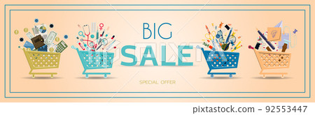 Advertising poster for black Friday, carts with goods for school, office, investment and medicine. Banner for discounts and sales. A poster with an inscription and a special offer of the store. Online Advertising poster for black Friday, carts with goods for school, office, investment and medicine. Banner for discounts and sales. A poster with an inscription and a special offer of the store. Online 92553447