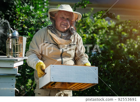 Beekeeper on apiary. Beekeeper is working with bees and beehives on the apiary. Apiculture. Copy space. Beekeeper on apiary. Beekeeper is working with bees and beehives on the apiary. Apiculture. Copy space. 92553691