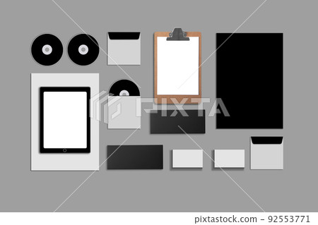 Blank Corporate ID. Set on gray background. Consist of business cards, folder, tablet PC, envelopes, a4 letterheads, notebooks, flash, pencil, cd disk and smart phones. Blank Corporate ID. Set on gray background. Consist of business cards, folder, tablet PC, envelopes, a4 letterheads, notebooks, flash, pencil, cd disk and smart phones. 92553771