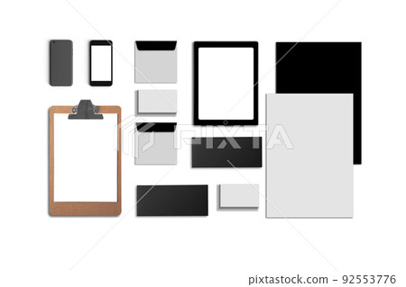 Blank Corporate ID. Set isolated on white. Consist of business cards, folder, tablet PC, envelopes, a4 letterheads, notebooks, flash, pencil, cd disk and smart phones. 92553776