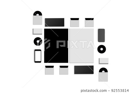 Blank Corporate ID. Set isolated on white. Consist of business cards, folder, tablet PC, envelopes, a4 letterheads, notebooks, flash, pencil, cd disk and smart phones. 92553814