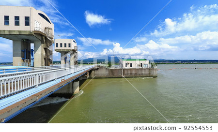Looking toward Unzen from the southern drainage gate of the Isahaya Bay Reclamation Embankment 1 Looking toward Unzen from the southern drainage gate of the Isahaya Bay Reclamation Embankment 1 92554553