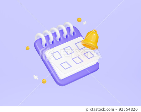 Reminder in calendar 3d render - cute purple calendar with empty check points on white paper and yellow bell. 92554820
